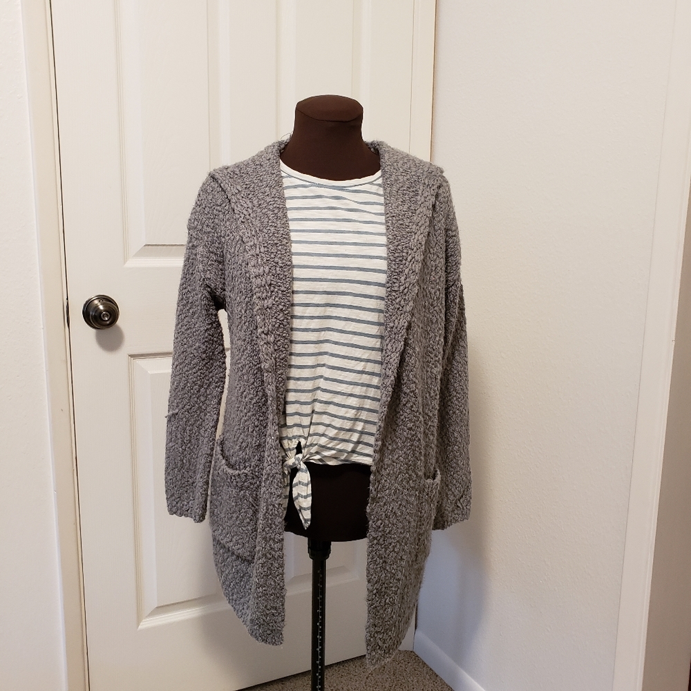 Sage green cardigan and striped shirt